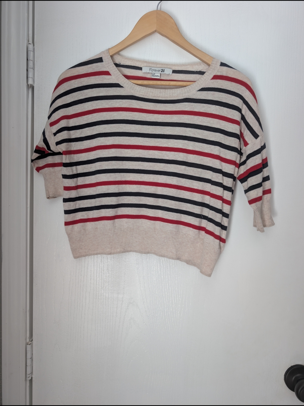 Forever 21 Cream, Navy & Red Striped Knit Top